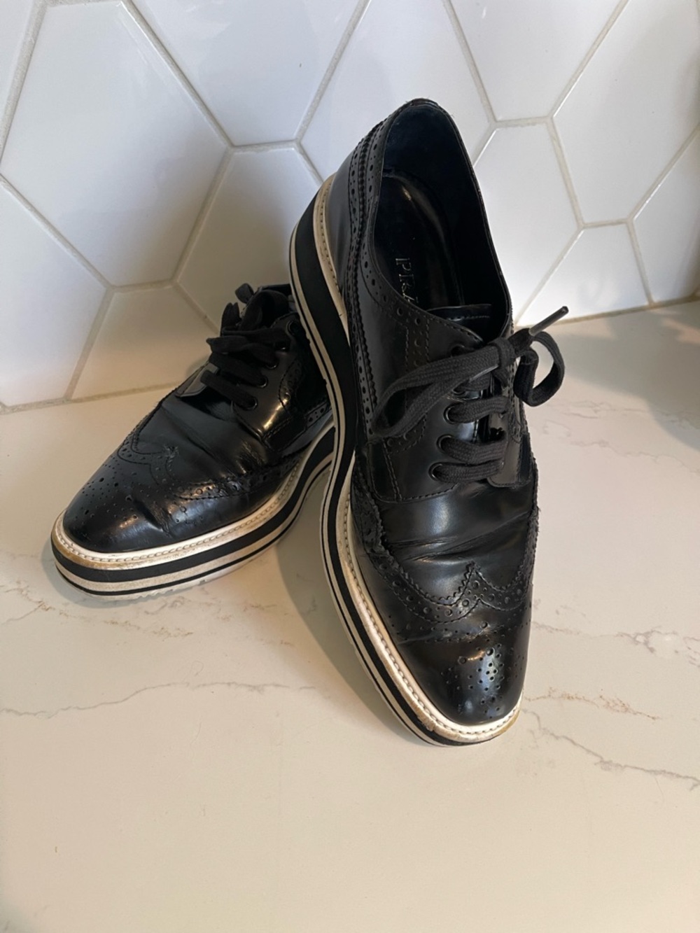 Prada Black Leather Brogue Oxfords - Picture 3 of 16